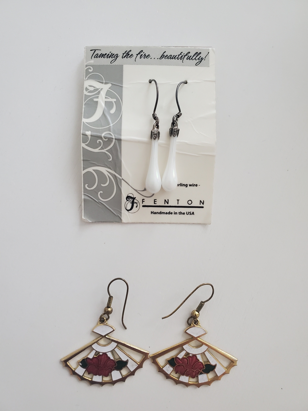 Fenton White Teardrop Glass Earrings with Bronze Fan Floral Pair